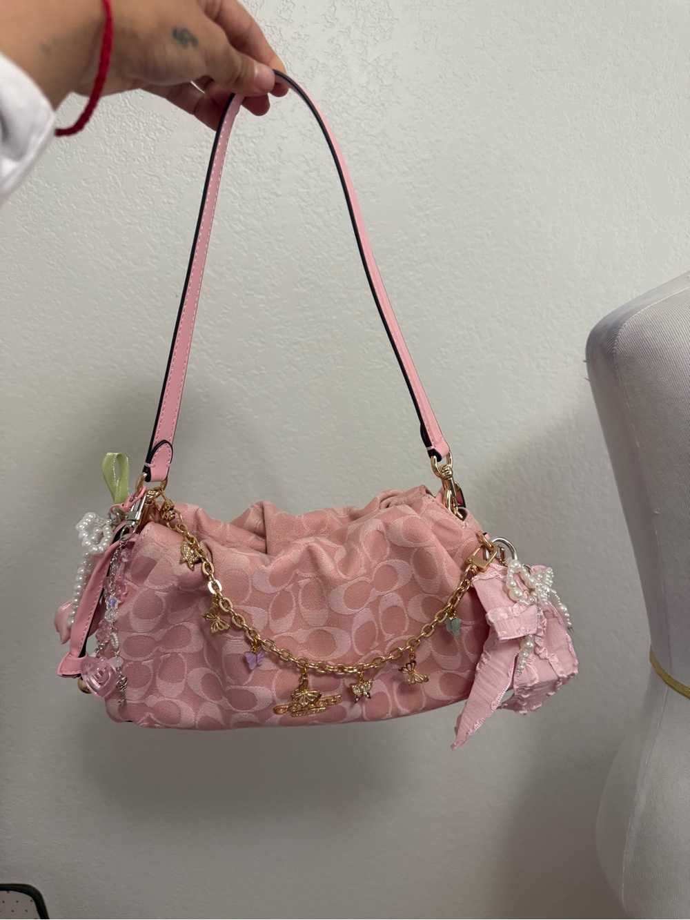 Coach Pink Signature Jacquard Shoulder Bag with Gold Charm Chain